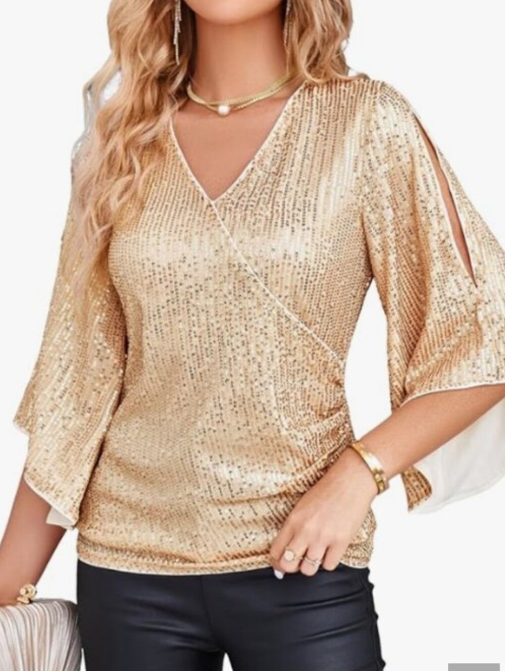 Grace Karin Bronze Sequin Wrap-Front Blouse Sz XL NWR
